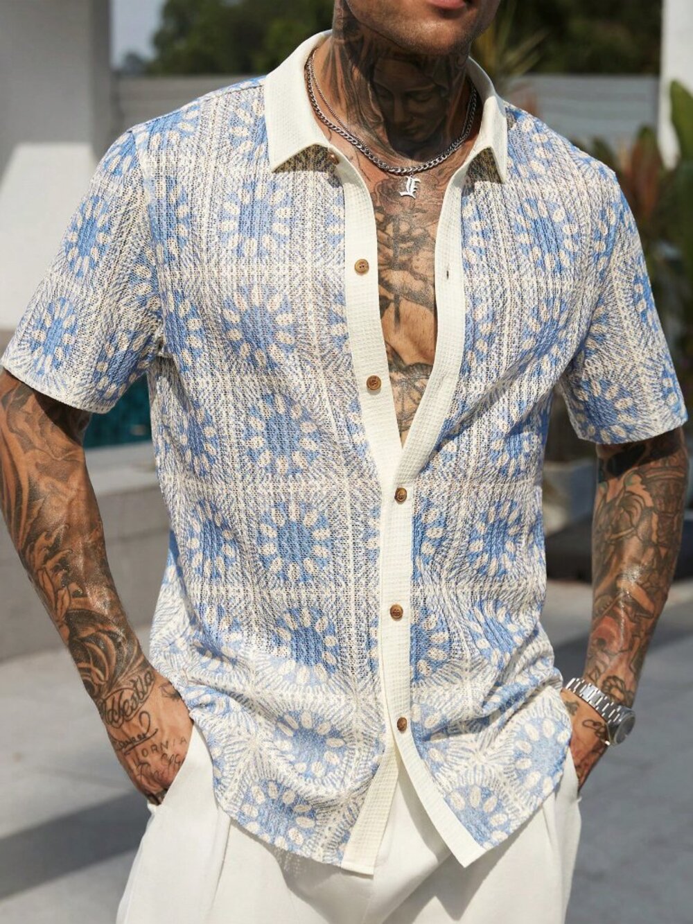 Baby Blue Boho Men's Knitted Mesh Sheer Printed Contrast Shirt